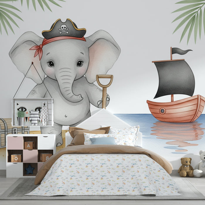 Babykamer behang | Piraat olifant op het strand