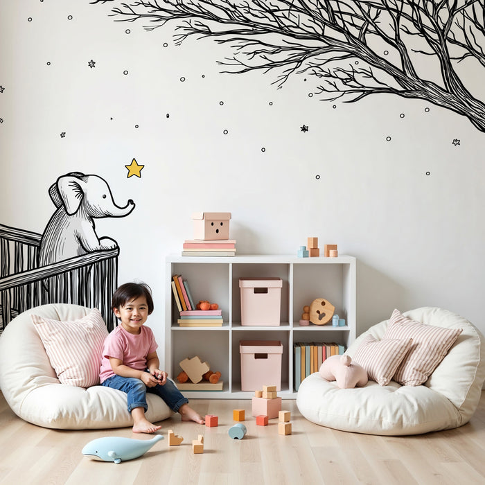 Papier peint chambre bébé | Éléphant rêveur sous les étoiles