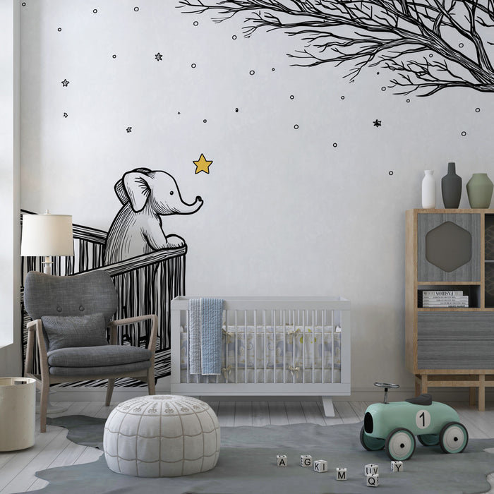 Papier peint chambre bébé | Éléphant rêveur sous les étoiles