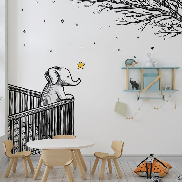 Papier peint chambre bébé | Éléphant rêveur sous les étoiles