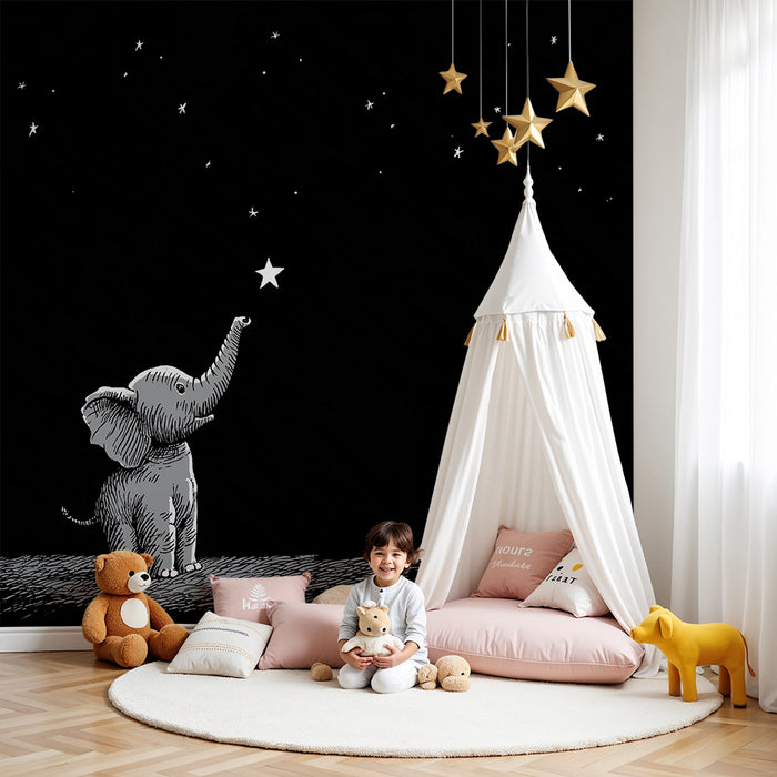 Tapéta baba szobába | Álmodó elefánt csillagos ég alatt