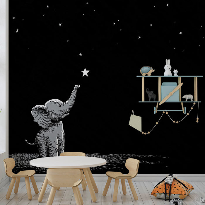 Tapéta baba szobába | Álmodó elefánt csillagos ég alatt