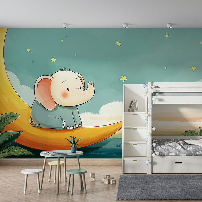Papel de parede quarto bebê | Сънуващ слон на лунен полумесец под звездно небе