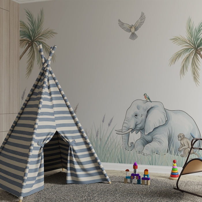 Papier peint chambre bébé | Éléphant, singe et oiseaux dans une jungle apaisante