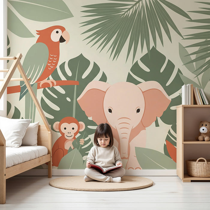 Papel de parede quarto bebê | Ελέφαντας, πίθηκος και παπαγάλος σε ένα πολύχρωμο ζούγκλα