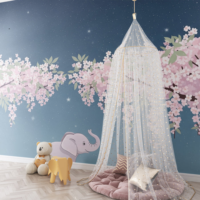 Papel de parede quarto bebê | Слон под цветята на черешата
