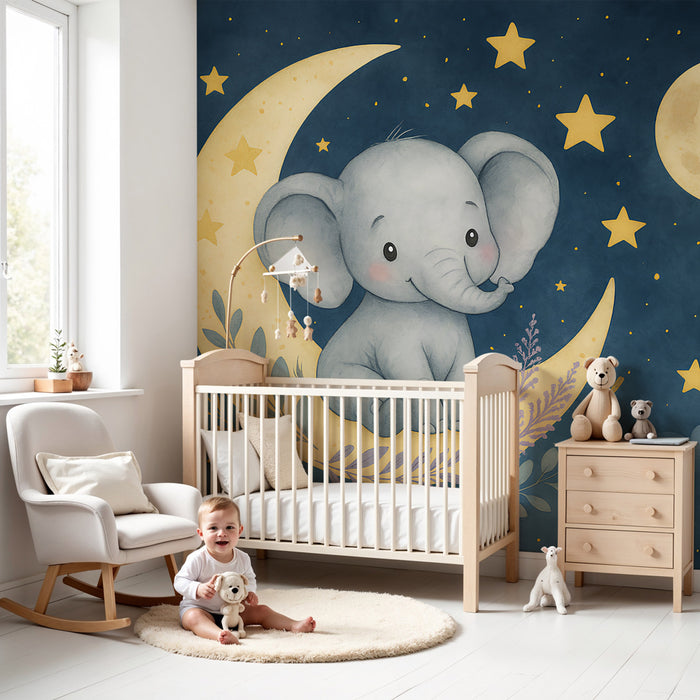 Papel pintado infantil | Elefante en la luna en un cielo estrellado