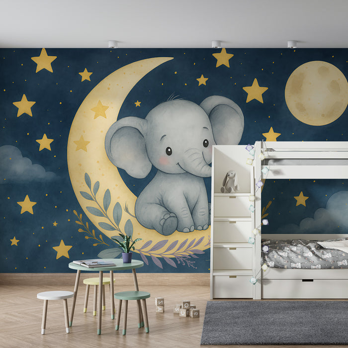 Papel pintado infantil | Elefante en la luna en un cielo estrellado