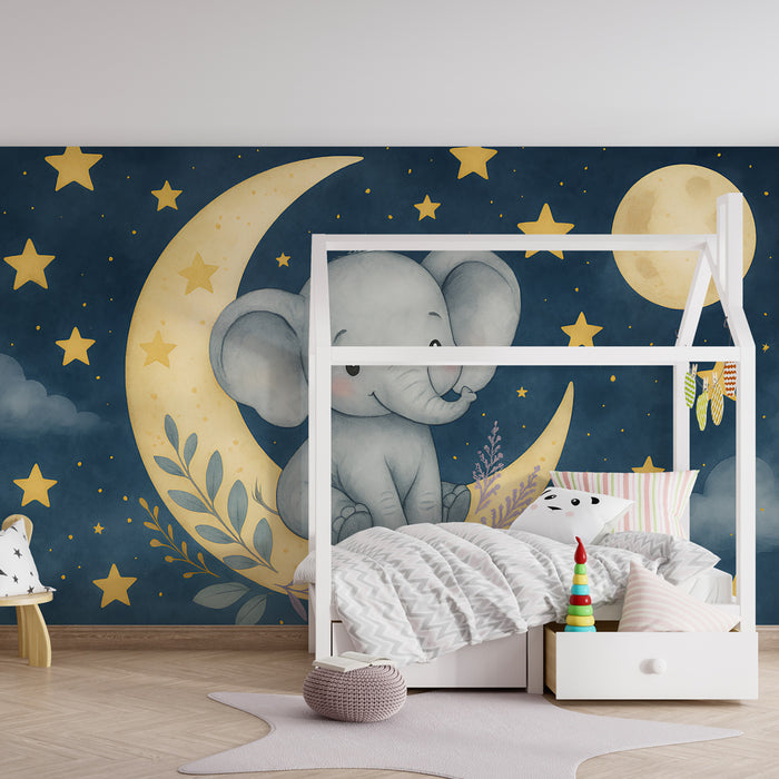Papel pintado infantil | Elefante en la luna en un cielo estrellado