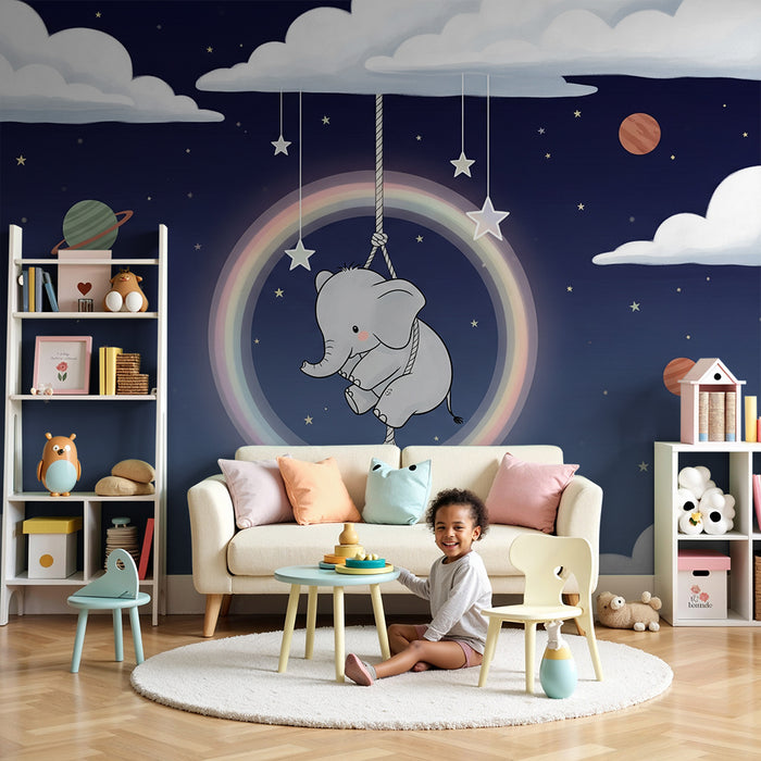Barnetapet | Elefant som svever under en stjernehimmel med regnbue