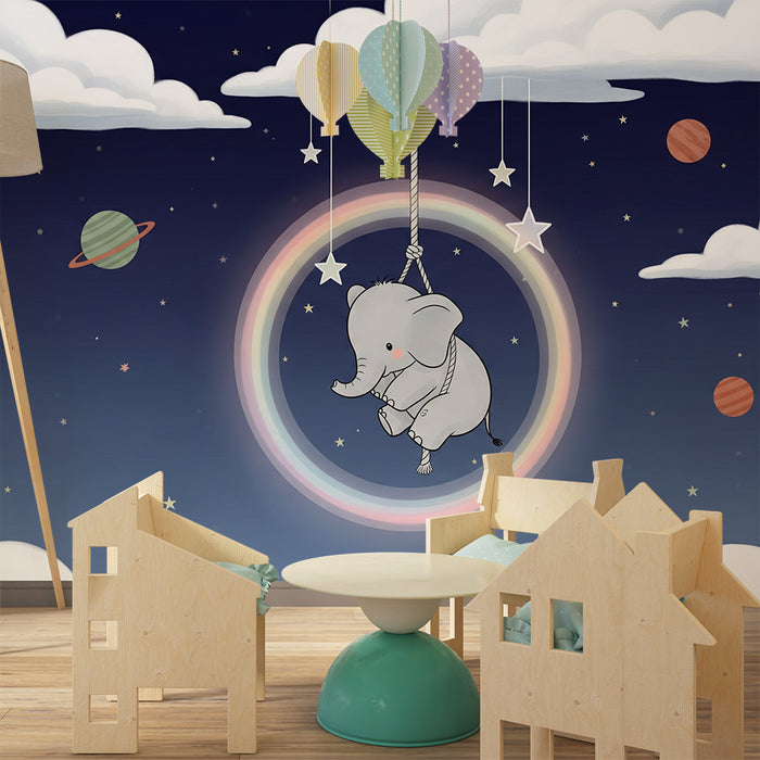 Barnetapet | Elefant som svever under en stjernehimmel med regnbue