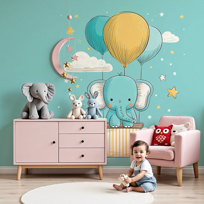 Papier peint chambre bébé | Éléphant volant avec des ballons