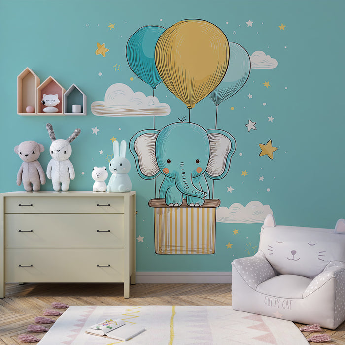 Papier peint chambre bébé | Éléphant volant avec des ballons