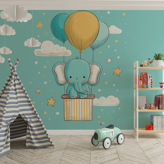 Papier peint chambre bébé | Éléphant volant avec des ballons