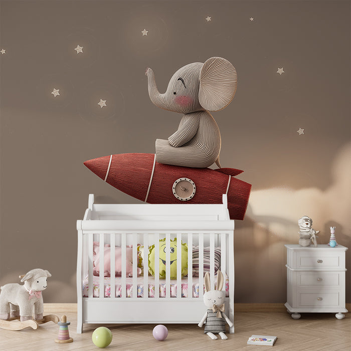 Papier de parede quarto bebê | Utazó elefánt az űrben piros rakétával