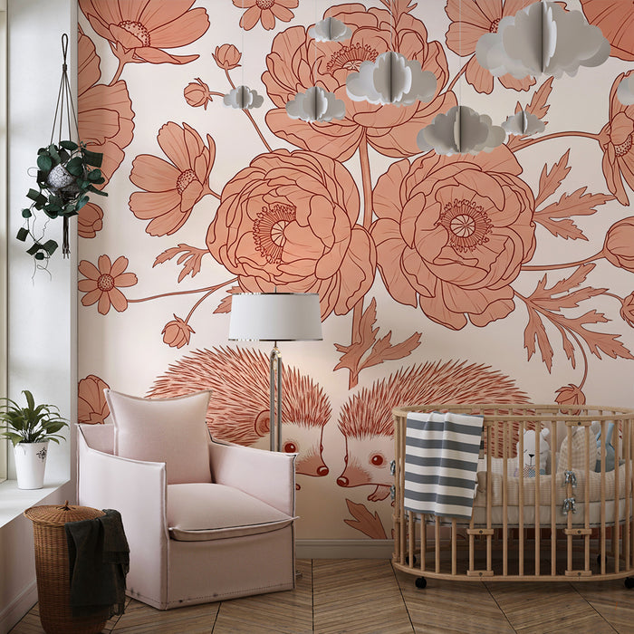 Papel pintado infantil | Elefantes y flores delicadas