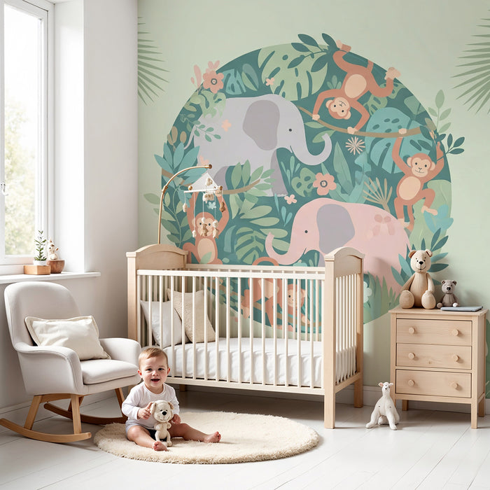 Papel de parede quarto bebê | Elefantes e macacos numa selva colorida