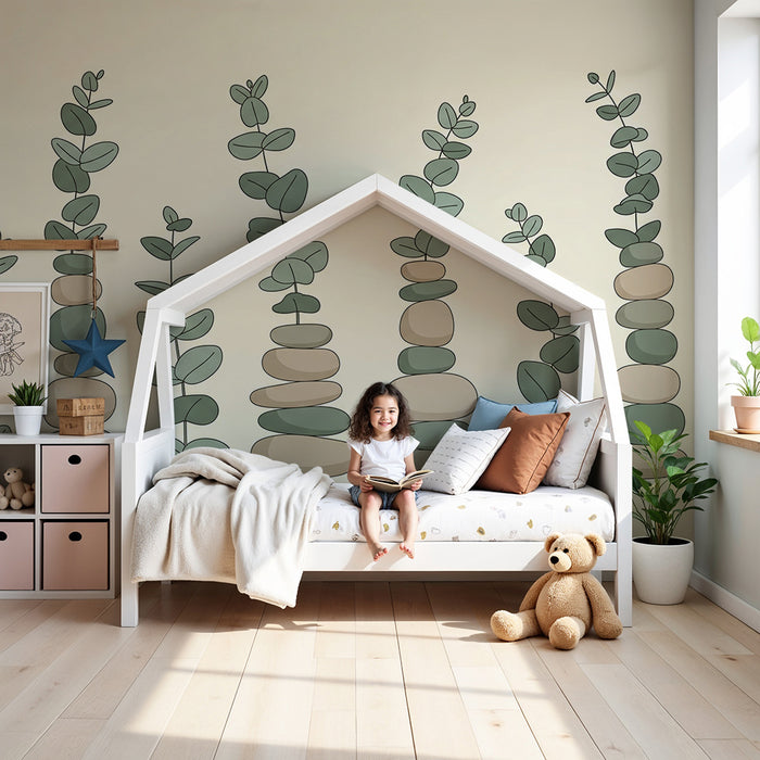 Papier peint chambre bébé | Empilements de pierres et feuillage délicat