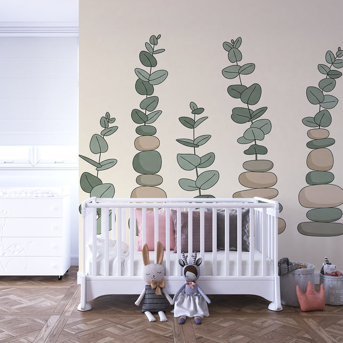 Papier peint chambre bébé | Empilements de pierres et feuillage délicat
