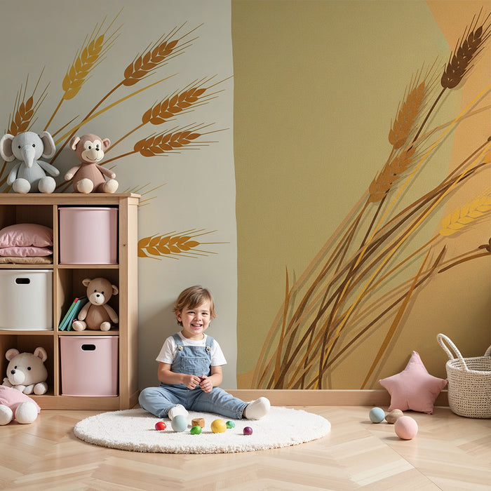 Papel de parede quarto bebê | Espigas de trigo estilizadas em fundo suave