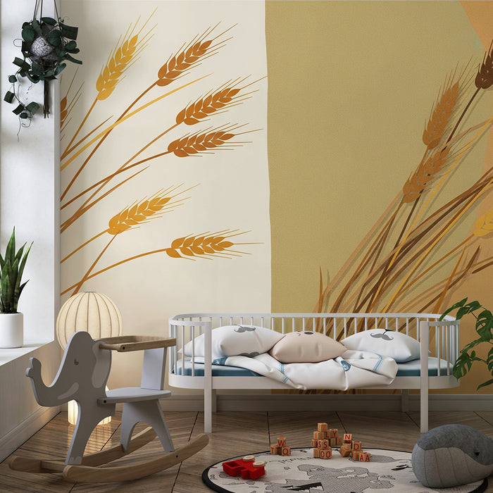 Papel de parede quarto bebê | Espigas de trigo estilizadas em fundo suave