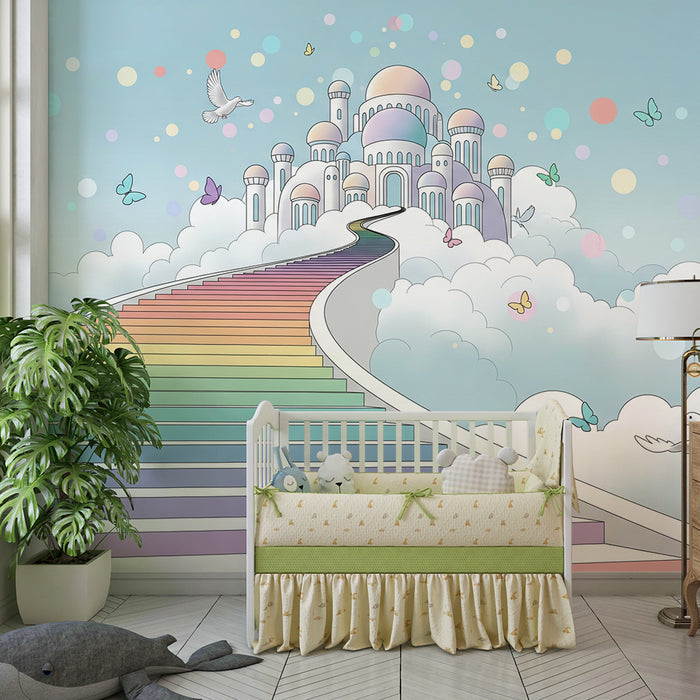 Carta da parati per cameretta | Scala arcobaleno che porta a un castello magico tra le nuvole