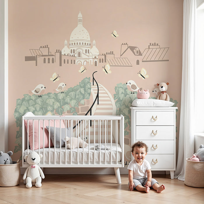 Papier peint chambre bébé | Escalier fleuri avec oiseaux et papillons