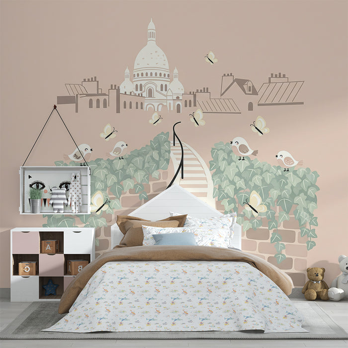 Papier peint chambre bébé | Escalier fleuri avec oiseaux et papillons