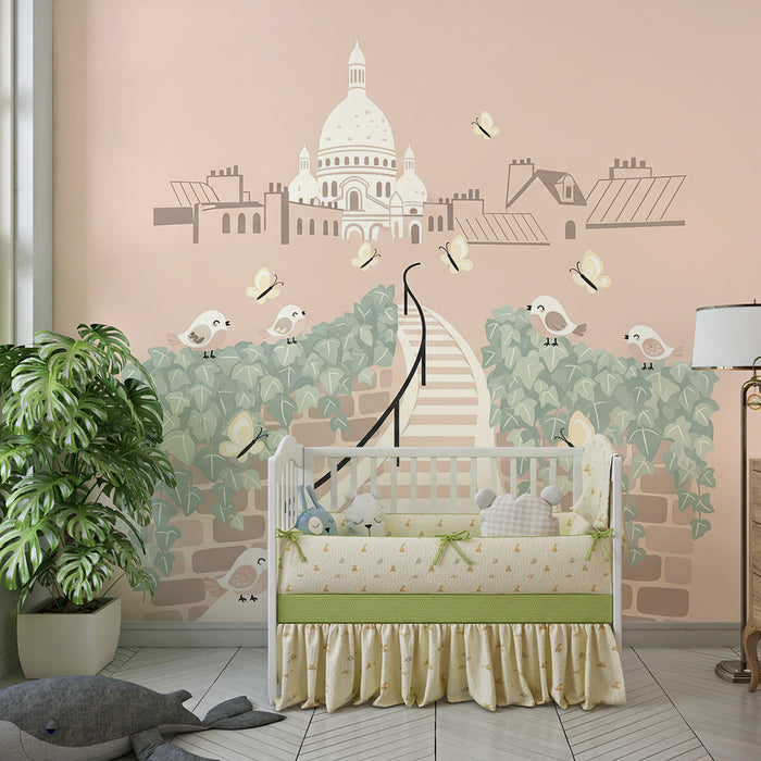Papier peint chambre bébé | Escalier fleuri avec oiseaux et papillons