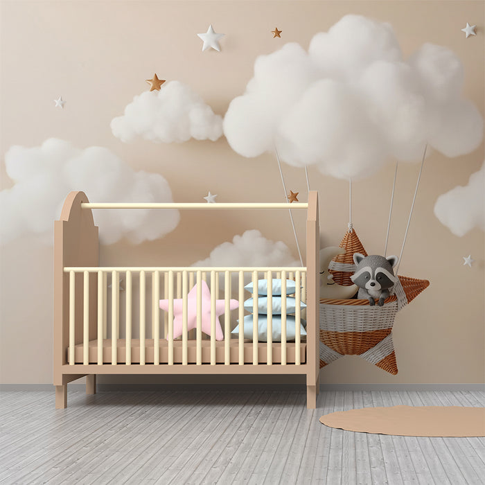 Papel de parede para quarto de bebé | Estrela de vime com nuvens e animais fofos