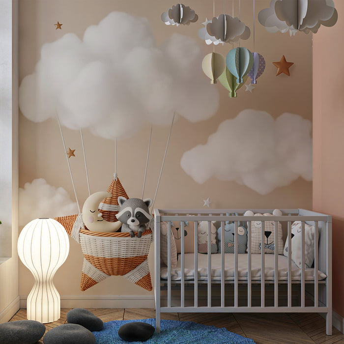 Papel de parede para quarto de bebé | Estrela de vime com nuvens e animais fofos