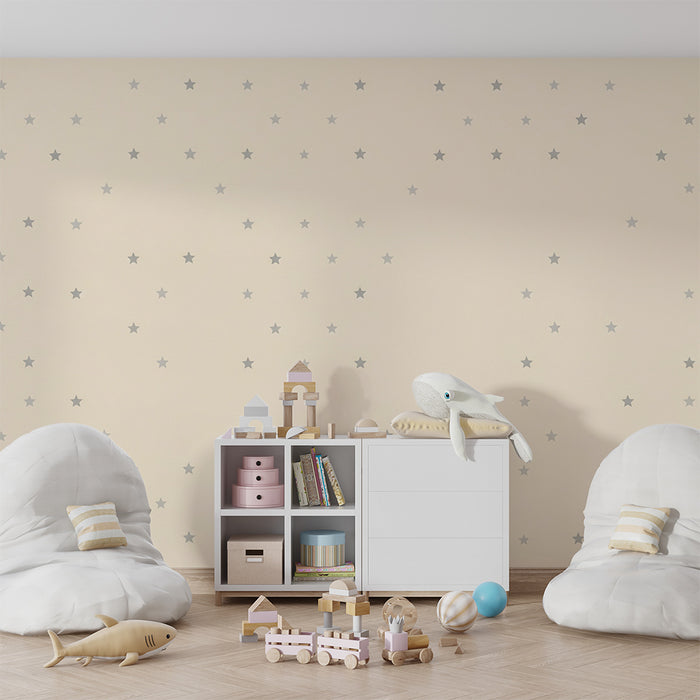 Carta da parati bambini | Stelle argentate su sfondo crema