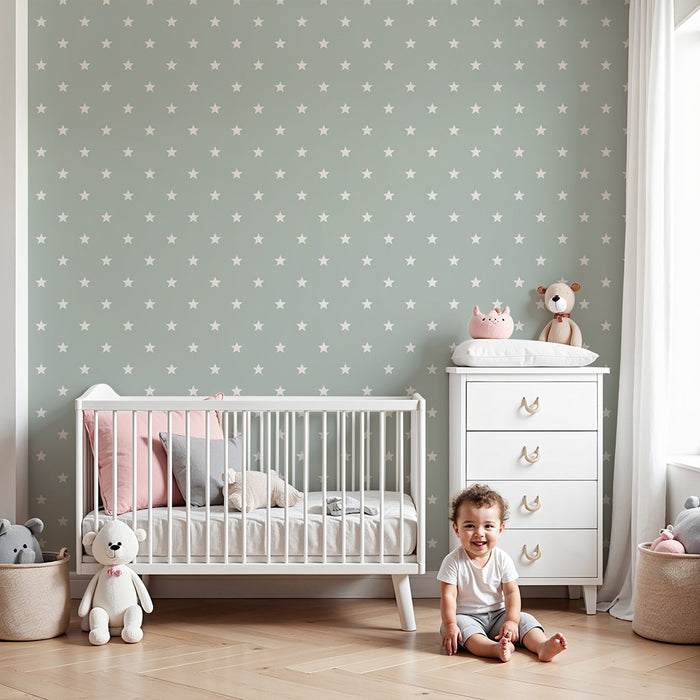 Papel de parede para quarto de bebé | Estrelas brancas sobre fundo verde suave