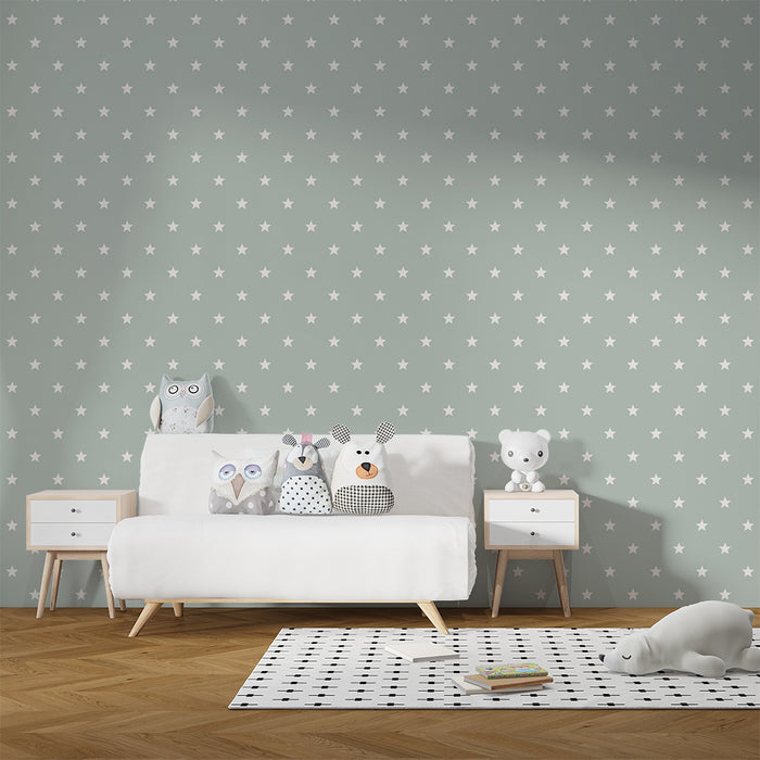 Papel de parede para quarto de bebé | Estrelas brancas sobre fundo verde suave
