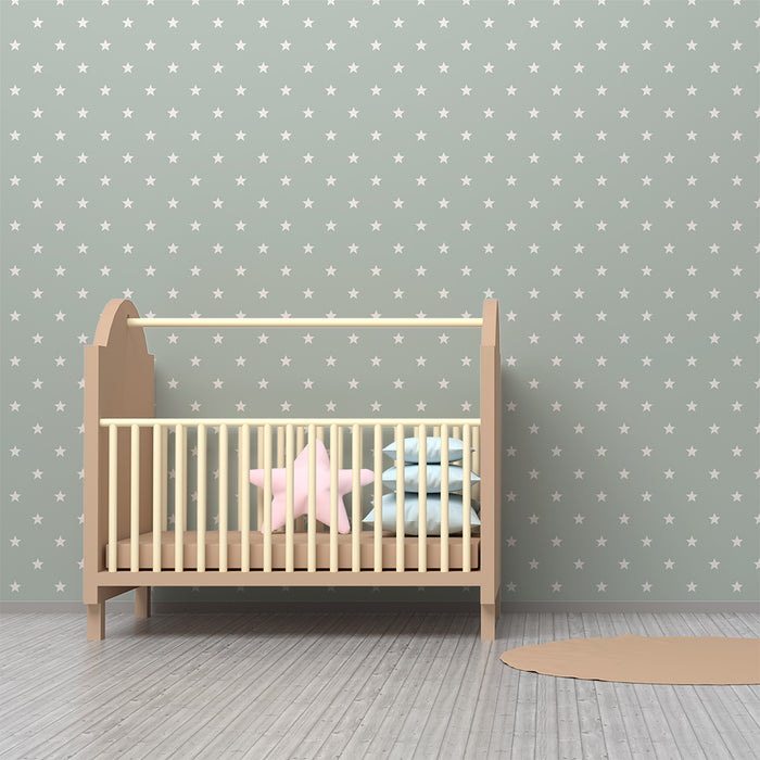 Papel de parede para quarto de bebé | Estrelas brancas sobre fundo verde suave