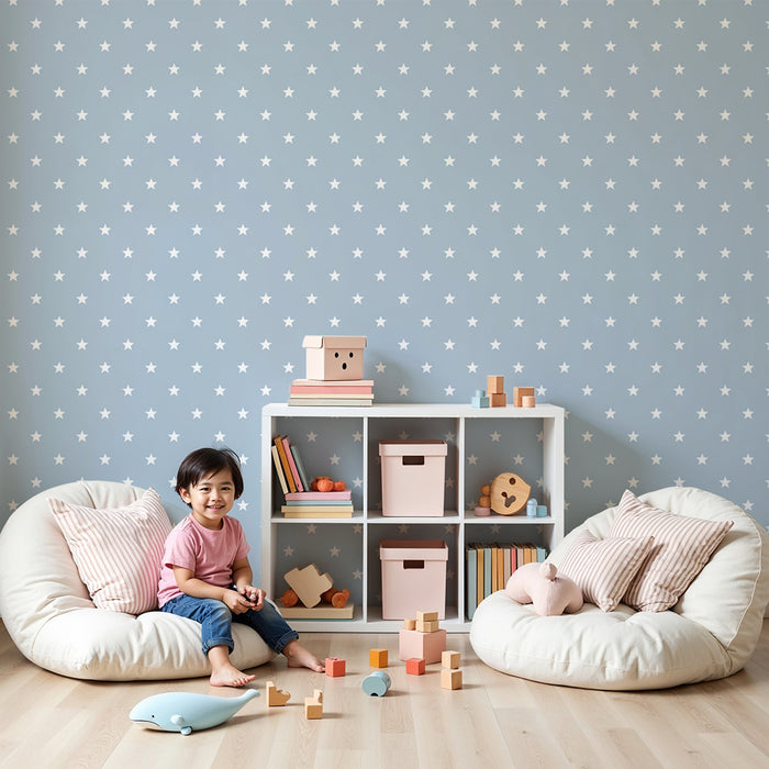 Papel de parede quarto bebê | Estrelas brancas em fundo azul calmante