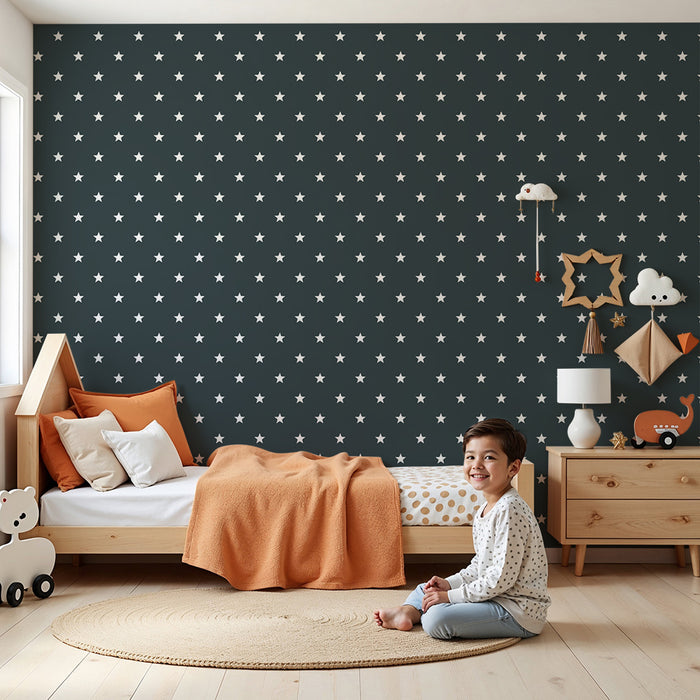 Papier peint chambre bébé | Étoiles blanches sur fond bleu nuit