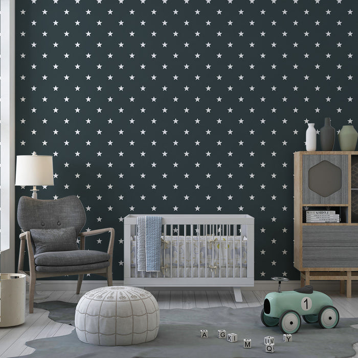 Papier peint chambre bébé | Étoiles blanches sur fond bleu nuit