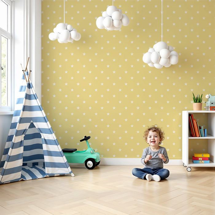 Papier peint chambre bébé | Étoiles blanches sur fond jaune doux