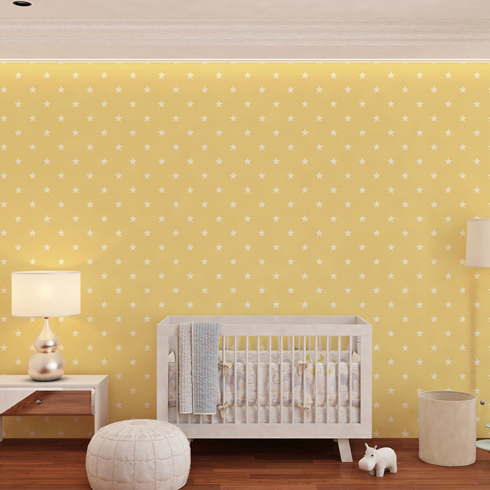 Papier peint chambre bébé | Étoiles blanches sur fond jaune doux