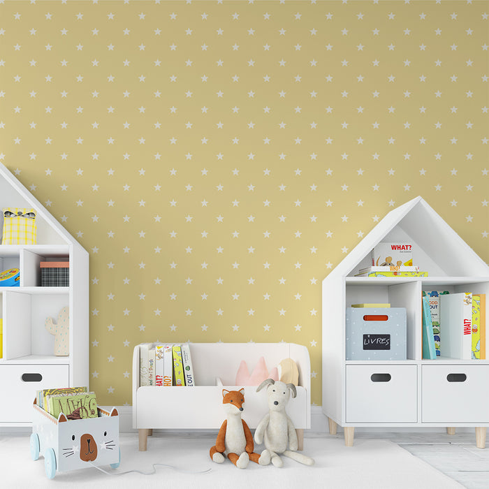 Papier peint chambre bébé | Étoiles blanches sur fond jaune doux
