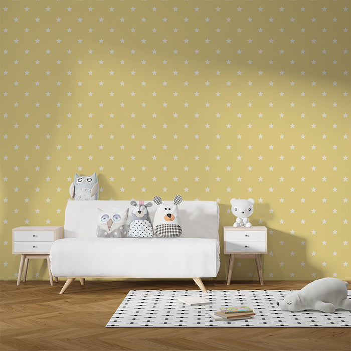 Tapeta dětského pokoje | Bílé hvězdy na jemně žlutém pozadí