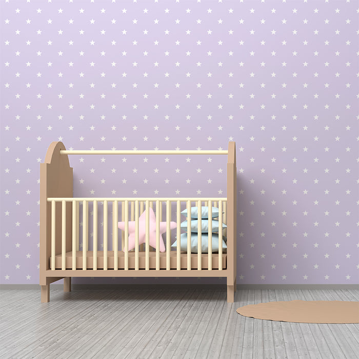 Papier peint chambre bébé | Étoiles blanches sur fond lilas doux