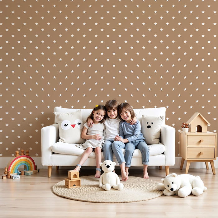 Ταπετσαρία παιδικού δωματίου | Λευκά αστέρια σε καφετί μπεζ φόντο
