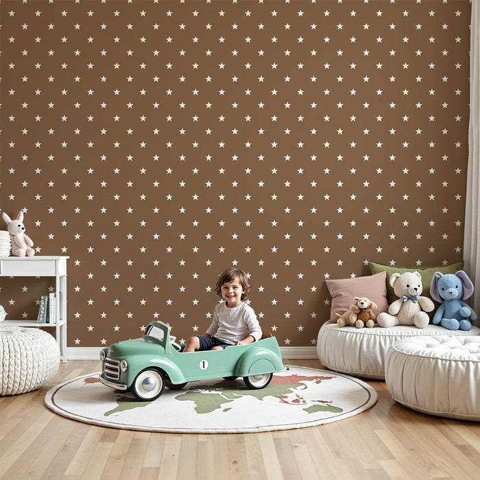 Χαρτί τοιχογραφίας βρεφικού δωματίου | Λευκά αστέρια σε απαλό καφέ φόντο