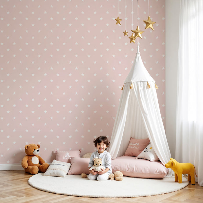 Papier peint chambre bébé | Étoiles blanches sur fond rose pastel