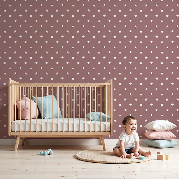 Papier peint chambre bébé | Étoiles blanches sur fond rose poudré