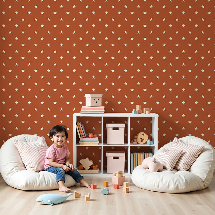 Papier peint chambre bébé | Étoiles blanches sur fond terracotta