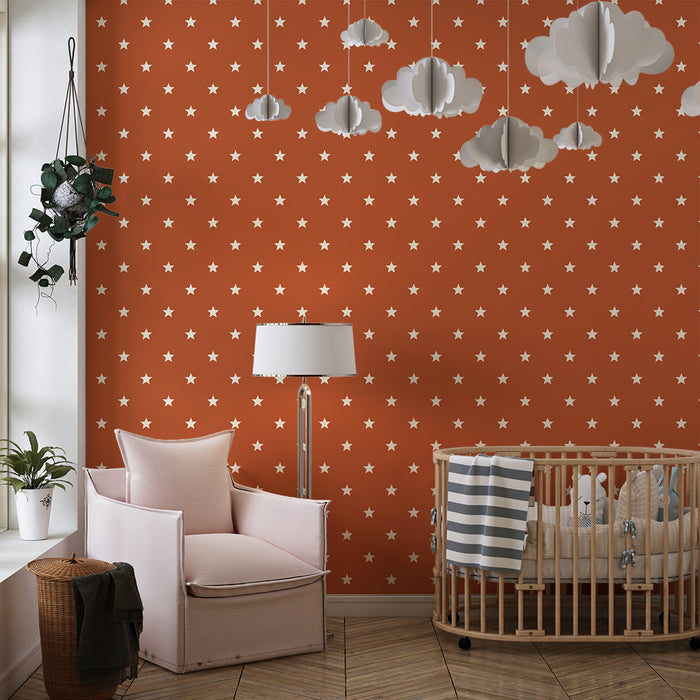 Papier peint chambre bébé | Étoiles blanches sur fond terracotta