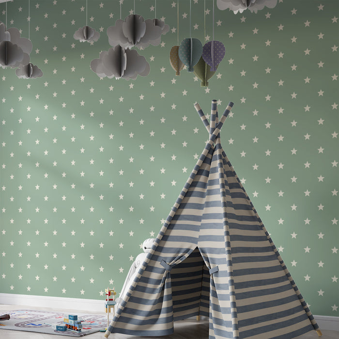 Papier de parede dječje sobe | Bijele zvijezde na zelenoj pozadini